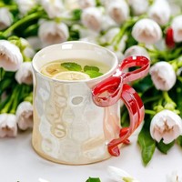 Mug en céramique simple avec anse nœud papillon, résistant aux hautes températures, mignon, style cœur de fille, pour étudiants, café et lait