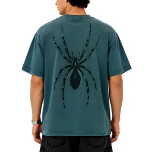 เสื้อยืดโอเวอร์ไซส์ลายแมงมุมสีเขียวอมฟ้าสำหรับผู้ชาย แขนสั้น คอกลม ผ้าเจอร์ซีย์ลำลอง ดีไซน์โลโก้ด้านหลัง ผ้าฝ้าย 100% สกรีนลาย - Product Image 1
