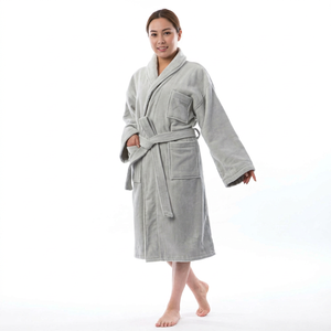 Robe de chambre en tissu éponge 100% coton pour femmes, manches longues, longueur genoux, couleur unie, douce, décontractée, avec ceinture, pour un usage domestique - Product Image 1