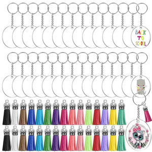 Disques transparents en acrylique et anneaux porte-clés pour loisirs créatifs, porte-clés en acrylique transparent et pendentifs à pompons colorés - Product Image 1