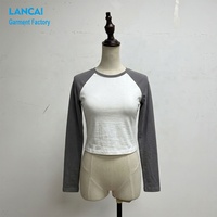 T-shirt court à manches raglan contrastées pour femme, haut à manches longues, col rond, style décontracté streetwear, vente en gros, OEM, marque privée
