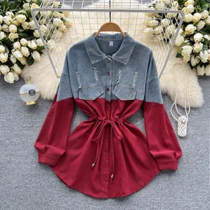 Long Sleeve Dress Autumn Women's Denim Splicing Collision Shirt Dress