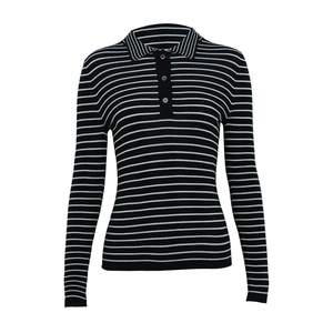 Estilo de moda <span class=keywords><strong>Punto</strong></span> <span class=keywords><strong>fino</strong></span> 16G Ajuste clásico Cuello de polo Botón a rayas Solapa Lana Merino Suéter de blusa de <span class=keywords><strong>punto</strong></span> para <span class=keywords><strong>mujer</strong></span> - Product Image 1