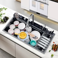 Évier de cuisine en acier inoxydable à une cuvette et égouttoir moderne intelligent multifonction avec cascade avec lave-vaisselle