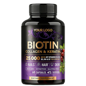 Biotina, Colágeno y Queratina 25000mg, <span class=keywords><strong>Complejo</strong></span> Multivitamínico de Belleza, Cápsulas de Suplemento Dietético, 60 Cápsulas/Botella, 2 Cápsulas por Porción - Product Image 1