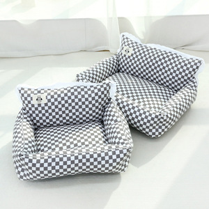 Pet <b>Bed</b> Checkered Square Design With <b>Backrest</b> <b>For</b> Dogs Cat Puppy Sofa <b>Bed</b> Hand Wash Polyester Material - Product Image 2