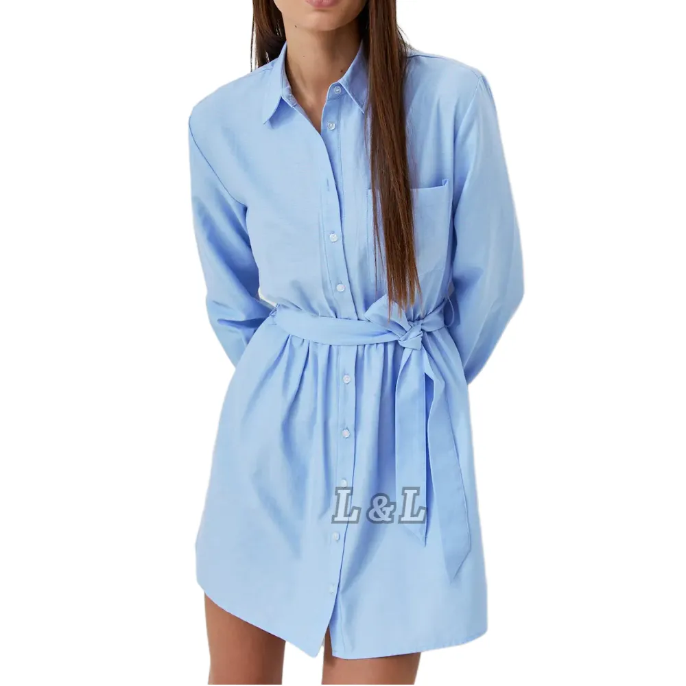 Linda Fashion pabrik Tiongkok Guangzhou 100% gaun kemeja wanita warna biru katun kasual musim panas