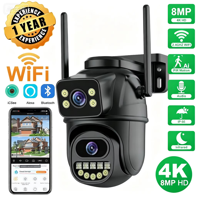 4K 8MP HD Wifi PTZ Camera Outdoor 4MP Dual Lens Dual Screen AI Auto Tracking IP Camera CCTV Audio Video Surveillance P2P ICSee