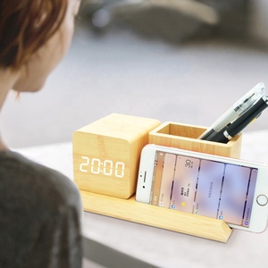 ET544P Chức Năng Gỗ <span class=keywords><strong>MDF</strong></span> Điện Thoại Đứng Bút Chủ Led Bảng Đồng Hồ - Product Image 2