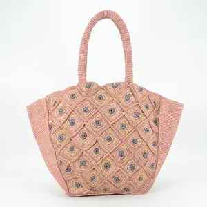 Handmade Large Crocheted Raffia Flowers Tote Bag Fashioned Crossbody Bucket Style Zipper Cotton Customizable Handmade Rattan