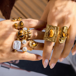 Geometric Tiger's Eye <b>Open</b> <b>Ring</b> 18K Gold Plated Bezel Setting Women's Fashion Jewelry Gift - Product Image 2