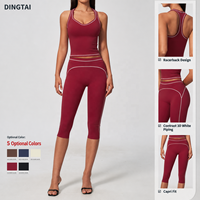 Ensemble de yoga deux pièces pour femme, col halter en V, color block, avec leggings respirants extensibles dans les quatre sens, effet push-up et contrôle du ventre, longueur mollet, pour la gym
