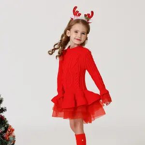13种颜色冬季透明女孩连衣裙圣诞派对长袖连衣裙儿童针织毛衣网眼连衣裙