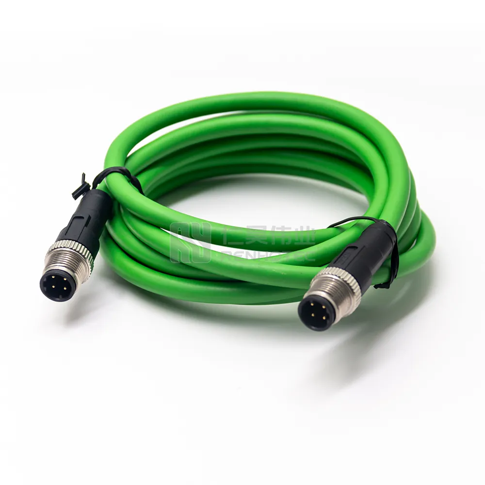Custom M8 M12 Connector Cable Mold Connector M12 D Code Male to Male Straight Overmolded Cable Green Color