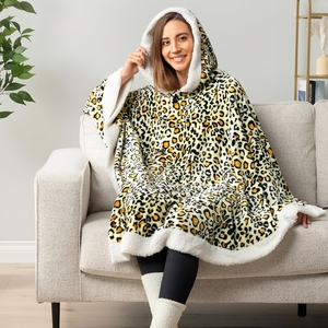 Poncho-couverture tricotée d'hiver pour <span class=keywords><strong>femme</strong></span>, douillette, 100 % polyester, en <span class=keywords><strong>polaire</strong></span> flanelle sherpa, anti-acariens, motif léopard, avec <span class=keywords><strong>capuche</strong></span> - Product Image 3