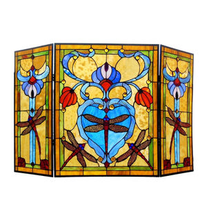 Stained Glass Fireplace <b>Screen</b> 3 Panels Floral Design Traditional Decor Blue Color Rectangle Shape Artistic Decoration 110*70CM - Product Image 5