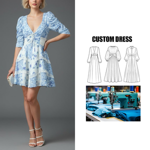 Servizio OEM <span class=keywords><strong>Abito</strong></span> <span class=keywords><strong>Mini</strong></span> su Misura a Linea A in Stile Francese con Pizzo in Porcellana Bianca e Blu, Scollo a V e Vita Alta per Vacanze - Product Image 1