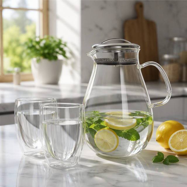 High Borosilicate Glass Water Pitcher with Stainless Steel Filter Lid Heat Resistant Glass Teapot Water Carafe for Home Kitchen