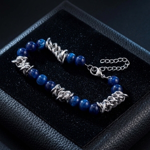Pulsera de cuentas de moda, cuentas redondas azules, cadena de plata tibetana, accesorio para hombre - Product Image 1