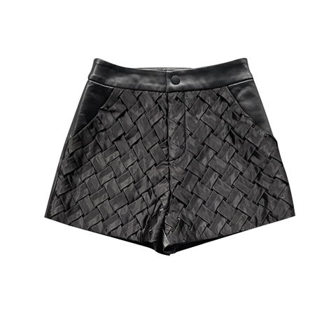Special Design Cross Woven Grain Genuine Leather Sheepskin High Waist Ladies Short Pants