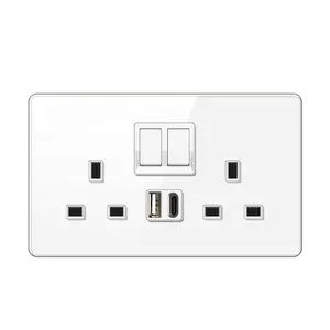흰색 전체 유리 3x6 패널 영국 트윈 스위치 벽 소켓 전기 콘센트 13A (USB A + C 충전 포트 포함) 패션 디자인