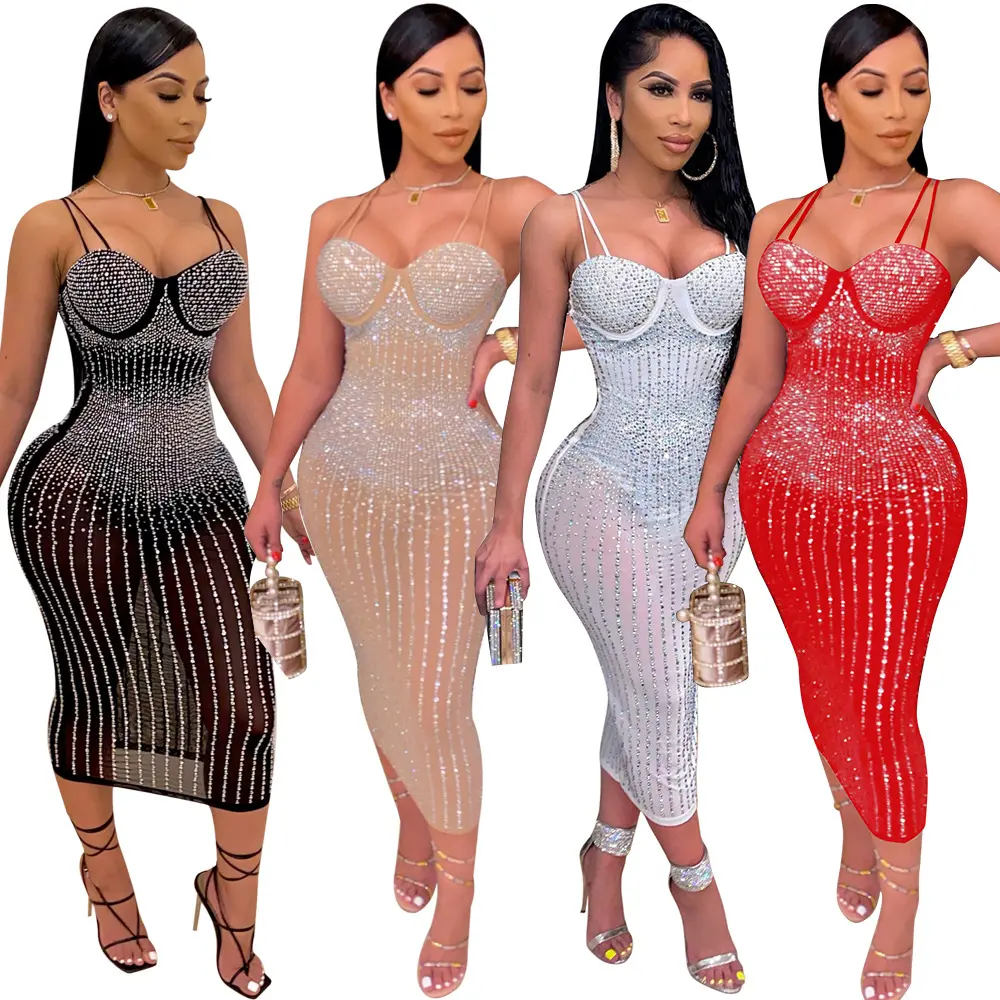 S-5XL Mùa Hè Phụ Nữ Thanh Lịch Trong Suốt Dài Maxi Bodycon Đảng Dress Womens Kim Cương Rhinestone Câu Lạc Bộ Đêm Mùa Thu Dresses