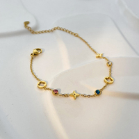 Bracelet à breloques en acier inoxydable plaqué or 18 carats, motif géométrique, fleur à quatre feuilles en zircon coloré, design tendance pour femme