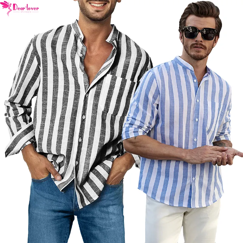 Dear-lover New Fashion Shirt Men Wholesale Striped Print Cotton Stand Collar Design Long Sleeve Shirts For Men