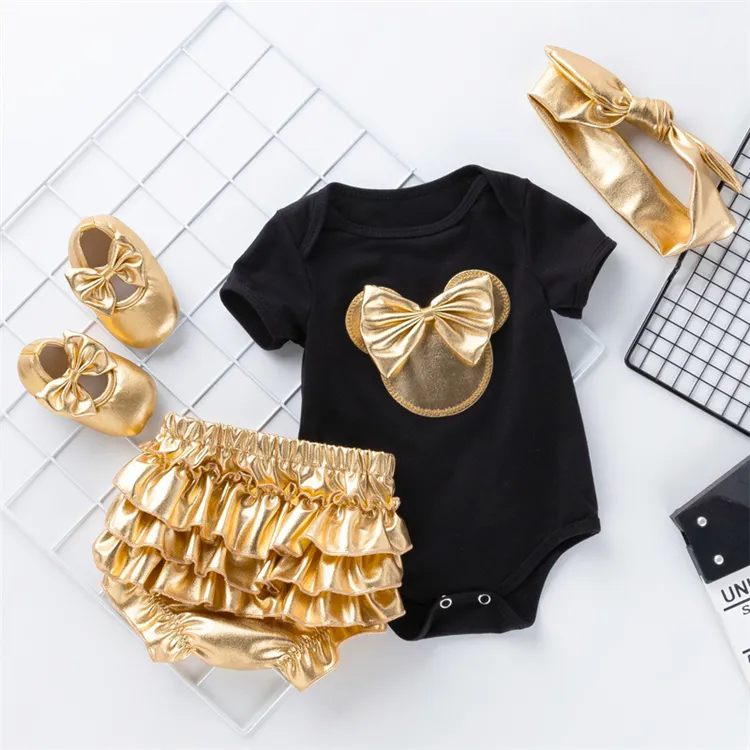 Летняя повседневная обувь с Микки Маусом, 4 шт., короткая Золотая Пижама для новорожденных девочек + комбинезон, комбинезон, комбинезон для новорожденных, Одежда для новорожденных