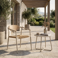 Chaise de salle à manger d'extérieur moderne et durable, avec cadre en aluminium thermolaqué, dossier en plastique imitation bois et assise en rotin tressé, pour écoles et parcs