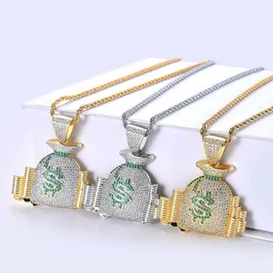 Pingente saco de dinheiro personalizado hip hop europeu, colar banhado a ouro 18k, diamante, iced out, dólar, pingente de colar para homens, mulheres, joias