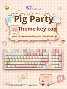 Ensemble complet de touches Akko Magic Geek Pig Party, taille standard, non rétroéclairées, profil Mog, PBT, sublimation par teinture, personnalisées, Bun Paradise - Product Image 1