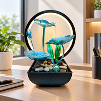 Fontaine d'eau de table en métal bleu lotus avec cascade et anneau LED chaud, alimentée par USB, pour la décoration de la maison, du bureau ou de la table