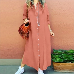 Nouvelle Robe Chemise Unie pour Femme, Manches Longues, Boutonnage Simple, Élégante, Style Moyen-Orient, Ample, Maxi, en Coton - Product Image 2