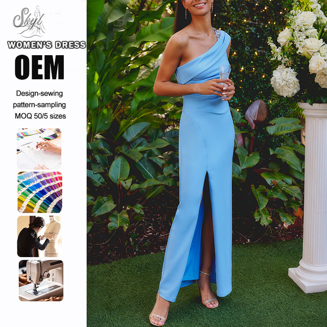 Factory Custom Women One Shoulder Maxi Dress Sleeveless Sheath Dress High Slit Long Dress Slim Fit Elegant Evening Party Dress