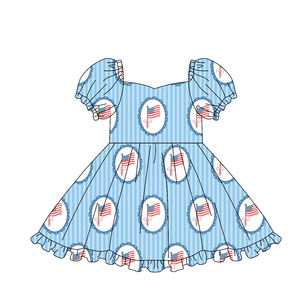 Vestido de verano para niña GSD3789 personalizado, con estampado de lazos coloridos, a rayas, de manga corta y largo hasta la rodilla, al por mayor - Product Image 4