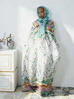 Robe longue ample à imprimé bordure saisissant 2026, prête à l'expédition, coupe large, manches longues, tissu léger, style Abaya modeste