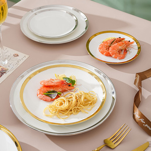 Assiette de table en céramique blanche de luxe avec bordure dorée peinte à la main pour hôtel, restaurant, banquet de mariage, vaisselle de haute couture - Product Image 4