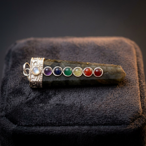 Labrodrite Chakra Pendulum with Seven Gemstone Inlays Handmade Carved <b>Etched</b> Reiki Healing <b>Tool</b> From Gujarat - Product Image 2