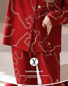 Pyjamas de couple rouges 2026 – Nouveauté automne, respirants, longs, imprimés <span class=keywords><strong>ours</strong></span> de dessin animé, en pur coton, vêtements d'intérieur pour <span class=keywords><strong>homme</strong></span> et femme, pyjamas de mariage - Product Image 5