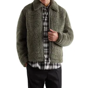 Grosir Pakaian Luar Musim Dingin Pria Kasual Jaket Hangat Saku Potong Depan Lengan Panjang Jaket Bulu Domba Shearling Klasik Pria