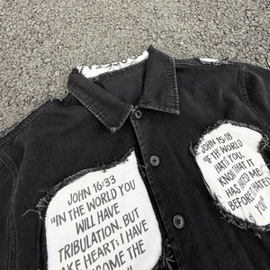 Custom Streetwear Distressed Embroidery Print Design Jean Jacket Heavy High Quality Men Acid Wash Denim Button up <b>Shirts</b> - Product Image 2