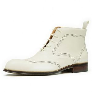 Bottes montantes à lacets pour homme en cuir véritable, style Brogue britannique, respirantes et légères, blanches, à bout pointu, collection Automne Hiver 2025 - Product Image 6