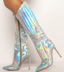 Holographic Upper Women Pointed Toe Knee High Booties Side Zip Thin Heels Metallic Wide Fit Large Size 45 <b>Boots</b> for Ladies - Product Image 1