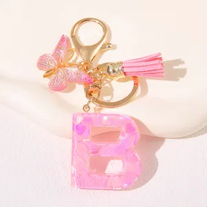 Factory Wholesale High Quality New Pink Butterfly Drops Glue Big Heart Sequin Letter Pendant Ladies Key Chain