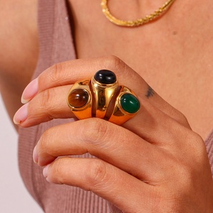 Dreamshow Black Brown Emarald Gemstone <strong>Ring</strong> in 18K Gold Plated Stainless Steel Opal <strong>Rings</strong> for Women Jewelry - Product Image 2