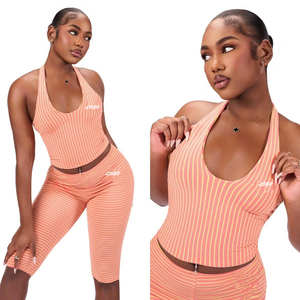 Completo Estivo 2026 Personalizzato Y2K Due Pezzi Loungewear da Donna: T-shirt a Righe <span class=keywords><strong>Senza</strong></span> Maniche e Leggings Svasati in Cotone con Top Halter e Pantaloni Capri - Product Image 1