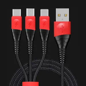 la fábrica 2.4A 3 en 1 Cable de datos Usb Cable de PVC trenzado Micro y un tipo C y Usb de 8 pines cable para IOS Samsung Huawei