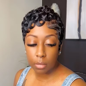 Peluca de Cabello Humano Remy Corto Estilo Pixie, Color Negro, Ondulado a Máquina, Estilo Chioma, Longitud Reservada, Peluca Adecuada - Product Image 2