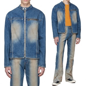 Veste en jean pour homme, style motard, bleu délavé, col montant, fermeture éclair, non extensible, denim biker - Product Image 1